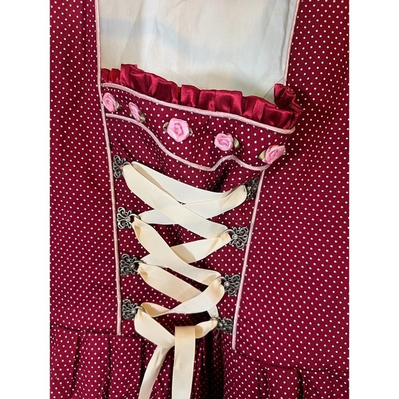 Dirndl Dress XXL Burgundy Polka Dot Oktoberfest Lace Up Bavarian Milkmaid - Picture 8 of 14